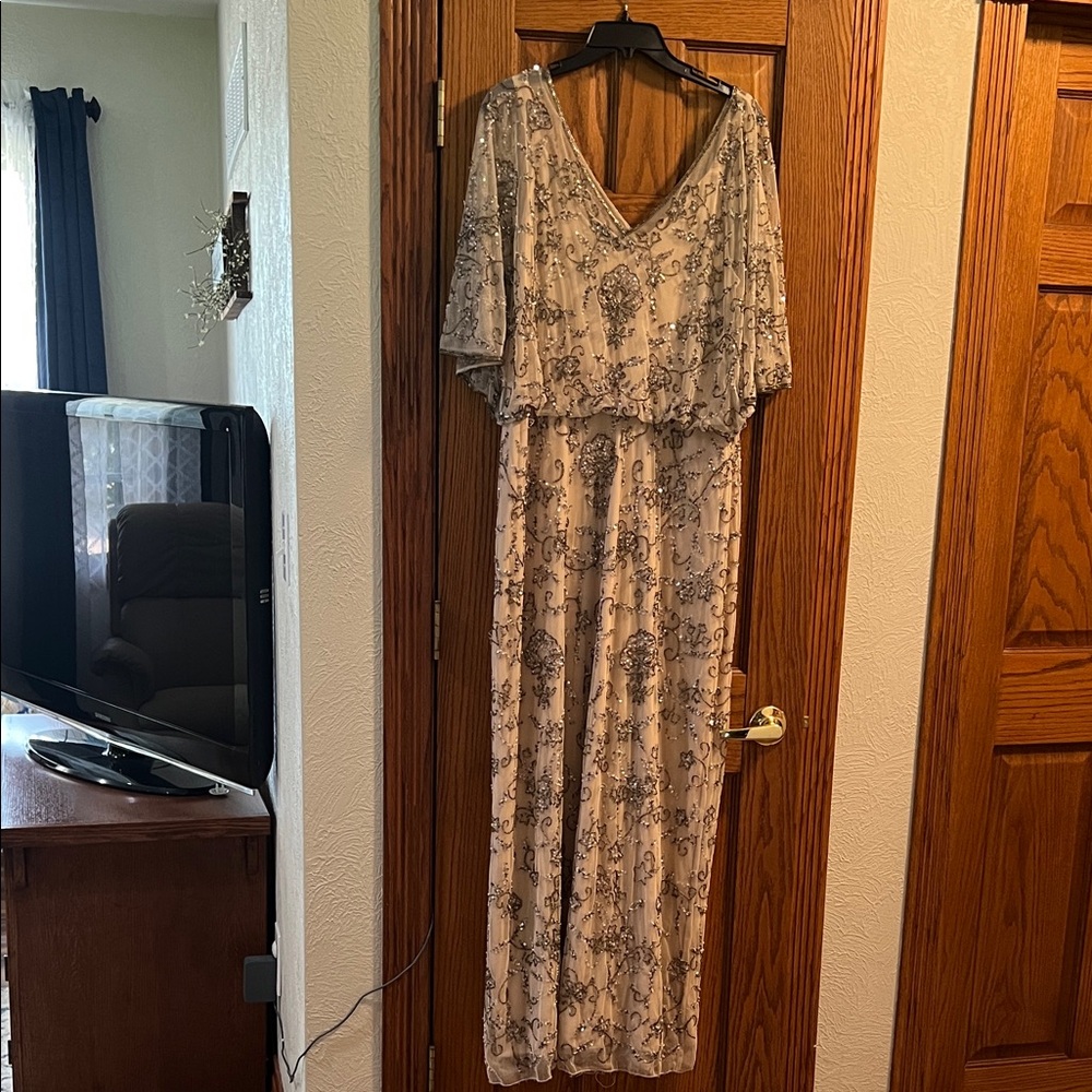 Pisarro Nights Beige Floral Embellished V-Neck Maxi Dress